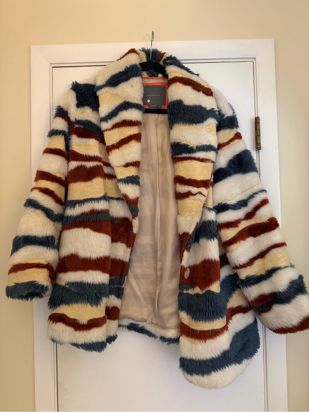 Multi-Stripe Faux Fur Coat - Navy, Rust & Cream